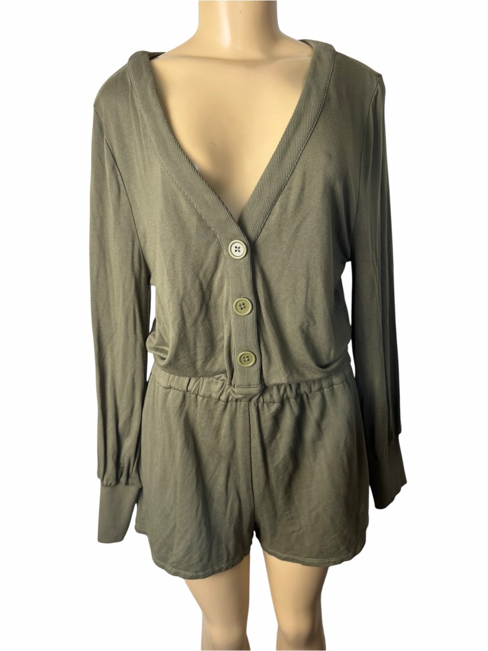 Lovers + Friends olive green v neck button down Long Sleeve Romper small